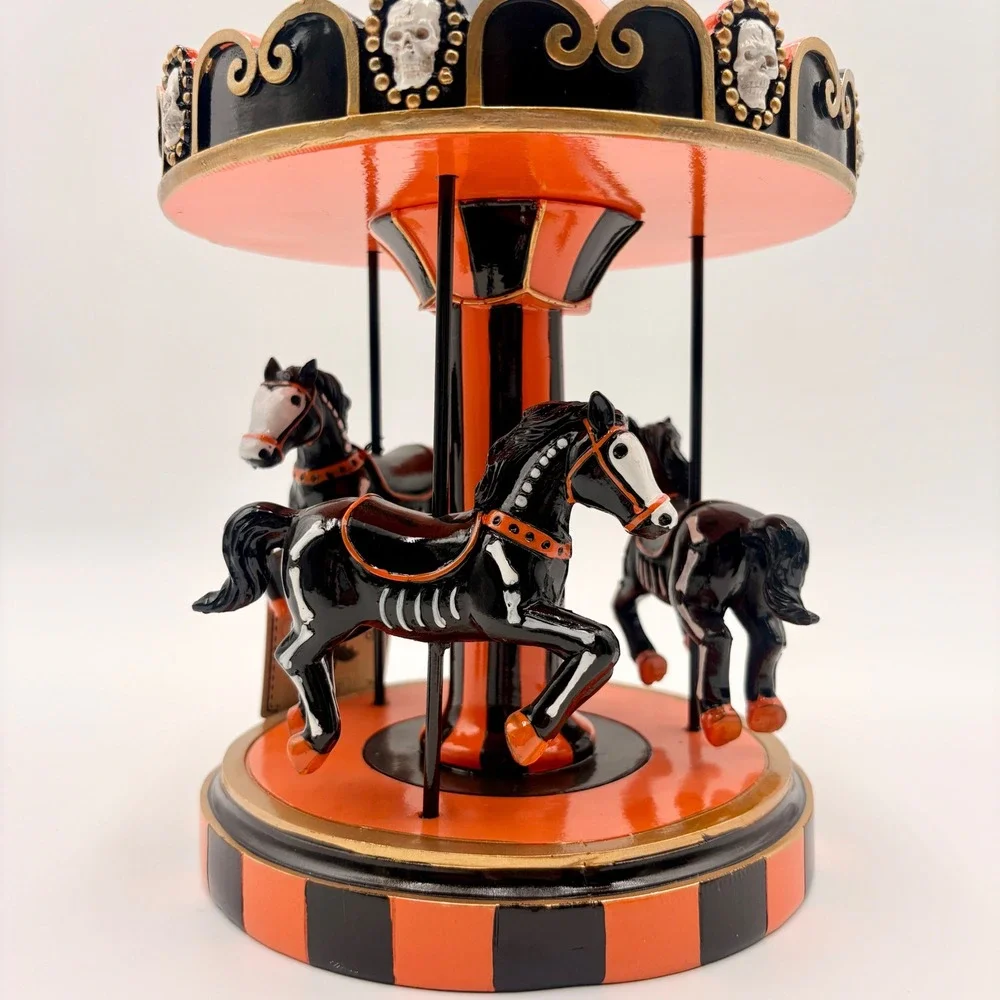 Sweet Street Halloween Skeleton Horse Carousel Figurine Orange Black Skulls
